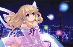Rule 34 | 10s, 1girl, absurdres, alternate costume, black disc, blonde hair, blue eyes, blush, book, building, choujigen game neptune mk2, cityscape, female focus, frills, game cg, glowing, green disc, highres, histoire, light particles, long hair, neptune (series), night, nightgown, official art, open book, open mouth, purple disc, ribbon, sidelocks, sitting, solo, tsunako, twintails, white disc, wings
