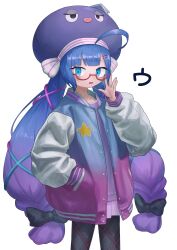 Rule 34 | 1girl, absurdres, adjusting eyewear, ahoge, argyle clothes, argyle pantyhose, black pantyhose, blue eyes, blue hair, blue jacket, blunt bangs, blush, cowboy shot, eel hat, glasses, gradient jacket, hair ornament, hairclip, hand in pocket, hand up, highres, initial, jacket, letterman jacket, long hair, looking at viewer, low twintails, open clothes, open jacket, open mouth, otomachi una, otomachi una (talkex), pantyhose, pink jacket, pleated skirt, poyopoyo (poyo mega181), purple hair, purple shirt, purple skirt, red-framed eyewear, semi-rimless eyewear, shirt, skirt, smile, solo, standing, talkex, twintails, very long hair, vocaloid, white sleeves