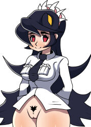 Rule 34 | 1girl, smile, arms behind back, artist request, bottomless, breasts, cleft of venus, closed mouth, filia (skullgirls), highres, long hair, medium breasts, necktie, no panties, pubic hair, pussy, skullgirls, smile, solo, standing, tagme, wide hips