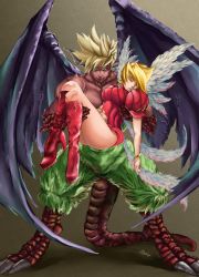 Rule 34 | 1boy, 1girl, angel wings, ass, blonde hair, boots, bracelet, breasts, breath of fire, breath of fire iii, capcom, closed mouth, dress, highres, jewelry, knee boots, legs, nina (breath of fire iii), puffy sleeves, ryuu (breath of fire iii), short hair, simple background, white wings, wings