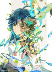 Rule 34 | 1boy, ahoge, aqua hair, armor, artist name, belt, black hair, blue butterfly, blue pants, border, bug, butterfly, butterfly wings, crescent, detached sleeves, eyeshadow, facial mark, flying, forehead mark, genshin impact, gold trim, grey background, hair between eyes, heart, highres, insect, insect wings, jewelry, long sleeves, looking at viewer, makeup, male focus, mandarin collar, multicolored hair, necklace, outside border, pants, pearl necklace, purple belt, red eyeshadow, shirt, shoulder armor, sidelocks, simple background, single bare shoulder, single detached sleeve, sleeveless, sleeveless shirt, solo, sparkle, standing, tassel, teeth, two-tone hair, u37777123, watermark, white border, white shirt, wide sleeves, wings, xiao (genshin impact), yellow eyes