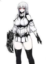 Rule 34 | 10s, 1girl, abyssal ship, akagi (kancolle), breasts, dark persona, detached sleeves, glowing, glowing eyes, ishimiso (ishimura), kantai collection, large breasts, long hair, looking at viewer, pale skin, red eyes, smile, solo, teeth, thighhighs, white hair