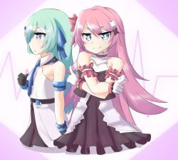 Rule 34 | 2girls, armband, bare shoulders, black gloves, blue eyes, blue ribbon, bow, brown dress, cardiogram, choker, closed mouth, copyright request, dress, gloves, green hair, hair bow, hair ornament, hair ribbon, heartbeat, klaius, looking at viewer, multiple girls, parted lips, pink choker, pink hair, pointing, pointing at viewer, red bow, ribbon, rozaliya olenyeva, siblings, sisters, smile, white gloves