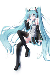 Rule 34 | 1girl, absurdres, ahoge, arm tattoo, black footwear, black skirt, black sleeves, blue eyes, blue hair, blue necktie, blue trim, boots, breasts, collared shirt, commentary, detached sleeves, english commentary, floating hair, full body, grey shirt, hair between eyes, hair ornament, hatsune miku, headphones, headset, highres, long hair, long sleeves, microphone, miniskirt, necktie, number tattoo, pleated skirt, procrastinator, procrastinator39, shirt, simple background, sitting, skirt, sleeveless, sleeveless shirt, small breasts, solo, tattoo, thigh boots, thighhighs, twintails, very long hair, vocaloid, white background, wing collar, zettai ryouiki