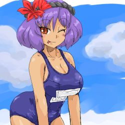 Rule 34 | 1girl, ;p, breasts, cleavage, female focus, forked tongue, hair ornament, large breasts, leaf, leaf hair ornament, non-web source, one-piece swimsuit, one eye closed, purple hair, red eyes, school swimsuit, slit pupils, solo, swimsuit, tongue, tongue out, touhou, wink, yasaka kanako