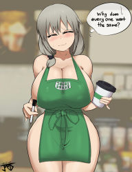 Rule 34 | 1girl, absurdres, apron, barista, blurry, blurry background, blush, breasts, cleavage, coffee cup, cup, dated, disposable cup, english text, closed eyes, facing viewer, green apron, grey hair, hair ornament, hair scrunchie, highres, holding, holding cup, holding marker, holding pen, huge breasts, iced latte with breast milk (meme), jmvmaa, marker, mature female, medium hair, meme, mature female, naked apron, narrow waist, nose blush, pen, pinky out, romaji text, scrunchie, sideboob, solo, standing, sugoi dekai, sweat, nervous sweating, thick thighs, thighs, thought bubble, uzaki-chan wa asobitai!, uzaki tsuki, wide hips