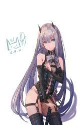 Rule 34 | 1girl, absurdres, bad id, bad pixiv id, bare shoulders, black leotard, black thighhighs, blue eyes, breasts, center opening, character request, closed mouth, contrapposto, cowboy shot, dated, detached sleeves, garter straps, grey hair, hair between eyes, head tilt, highres, horns, index finger raised, leotard, long hair, long sleeves, looking at viewer, navel, nekojira, phantasy star, phantasy star online 2, purple ribbon, ribbon, sidelocks, signature, simple background, skindentation, small breasts, smile, solo, standing, sword, thighhighs, very long hair, weapon, white background