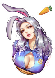 Rule 34 | 1girl, animal ears, artist name, blue shirt, breasts, rabbit, rabbit ears, bursting breasts, buttons, carrot, cleavage, collared shirt, fogriver, food, head tilt, judy hopps, large breasts, long hair, parted lips, personification, police, police badge, police uniform, policewoman, purple eyes, shirt, silver hair, simple background, smile, solo, undersized clothes, uniform, upper body, vegetable, white background, zootopia