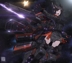 Rule 34 | 1girl, battleship, black hair, brown eyes, cannon, commentary request, electricity, energy, english text, firing, gatling gun, gloves, glowing, highres, mcrn donnager, mecha musume, military, military uniform, military vehicle, minigun, missile pod, muzzle flash, open mouth, outdoors, personification, qr code, railgun, rocket launcher, science fiction, ship, solo, space, spacecraft, the expanse, thrusters, tom-neko (zamudo akiyuki), turret, uniform, warship, watercraft, weapon
