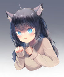 Rule 34 | 1girl, absurdres, animal ear fluff, animal ears, artist name, black hair, blue eyes, blush, braid, cat ears, gradient background, highres, long hair, making-of available, mysoda, original, paw pose, simple background, solo, sweater, twin braids, twintails, upper body