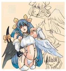 Rule 34 | 1boy, 1girl, angel wings, asymmetrical wings, back, bare shoulders, blue hair, breasts, detached sleeves, dizzy (guilty gear), garter straps, guilty gear, hair between eyes, hair ribbon, hair rings, highres, husband and wife, ky kiske, large breasts, long hair, mature female, meme attire, midriff, monster girl, multiple views, navel, nishimoto, open mouth, panties, red eyes, ribbon, stomach, sweater, tail, tail ornament, tail ribbon, thighhighs, thighs, twintails, underwear, white panties, white thighhighs, wings, yellow ribbon