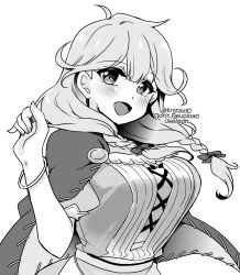Rule 34 | 1girl, bangle, bracelet, braid, breasts, cape, faye (fire emblem), fire emblem, fire emblem echoes: shadows of valentia, hair over one eye, jewelry, large breasts, looking at viewer, low twin braids, low twintails, monochrome, nintendo, smile, solo, twin braids, twintails, upper body, white background, yukia (firstaid0)