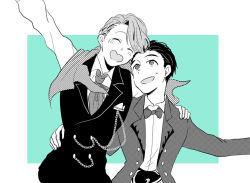 Rule 34 | 2boys, ^ ^, ake (harlequin), blazer, bow, bowtie, closed eyes, closed eyes, greyscale, hair slicked back, hand on another&#039;s hip, hand on another&#039;s shoulder, heart-shaped mouth, jacket, katsuki yuuri, male focus, monochrome, multiple boys, open mouth, screentones, smile, viktor nikiforov, yuri!!! on ice