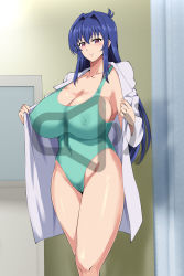 Rule 34 | 0byte, 1girl, blue hair, breasts, cleavage, covered erect nipples, highres, huge breasts, legs together, long hair, maken-ki!, nijou aki, smile, solo, standing, swimsuit, undressing