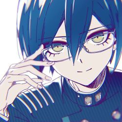 Rule 34 | 1girl, bespectacled, blue hair, brown eyes, closed mouth, commentary request, danganronpa (series), danganronpa v3: killing harmony, face, glasses, grey-framed eyewear, hair between eyes, hand up, jacket, kanata (loser51), long sleeves, looking at viewer, lowres, male focus, saihara shuichi, short hair, simple background, smile, solo, striped clothes, striped jacket, white background
