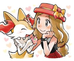 Rule 34 | 1girl, black shirt, blush, bow, bracelet, braixen, closed eyes, closed mouth, commentary, creatures (company), elizabeth (tomas21), eyelashes, fang, food, food on face, game freak, gen 6 pokemon, grey eyes, hands up, hat, hat bow, headpat, heart, highres, holding, jewelry, long hair, nintendo, open mouth, pleated skirt, pokemon, pokemon (creature), pokemon xy, red skirt, serena (pokemon), shirt, skirt, sleeveless, sleeveless shirt, smile, symbol-only commentary, white background