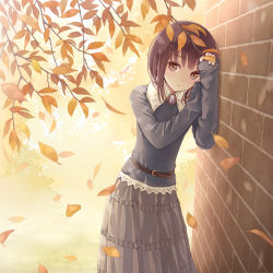 Rule 34 | 1girl, against wall, autumn, autumn leaves, belt, brick wall, brown eyes, brown hair, falling leaves, frilled skirt, frills, grey skirt, leaf, long skirt, long sleeves, looking at viewer, outdoors, photo-referenced, shoes, skirt, sleeves past wrists, solo, standing, tokumaru