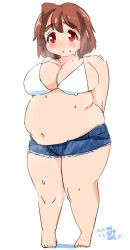 Rule 34 | 1girl, 2014, ahoge, arms behind back, bad id, bad pixiv id, bikini, bikini top only, blush, breasts, brown hair, dated, denim, denim shorts, eno konoe, eyebrows, fat, frown, large breasts, mikomu, navel, original, red eyes, ripped jeans, shorts, signature, solo, swimsuit, thick eyebrows, thick thighs, thighs, weight conscious, wet, white background, white bikini