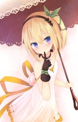 Rule 34 | 10s, 1girl, black neckwear, blonde hair, blue eyes, blush, bow, collarbone, dress, edna (tales), finger to mouth, gloves, hair bow, highres, parasol, pi-pie, side ponytail, single glove, solo, tales of (series), tales of zestiria, umbrella
