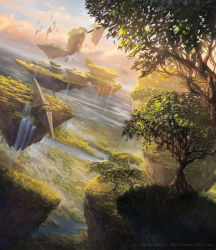 Rule 34 | absurdres, alayna danner, blue sky, commentary, day, dutch angle, english commentary, fantasy, floating island, grass, highres, magic: the gathering, nature, official art, outdoors, river, ruins, scenery, sky, tree, water, waterfall, watermark