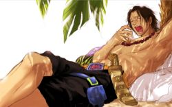 Rule 34 | 1boy, bag, belt, black hair, jewelry, knife, lowres, lying, male focus, necklace, on back, one piece, outdoors, palm tree, pillow, portgas d. ace, sand, shade, sheated, sheath, shorts, simple background, solo, thigh strap, topless male, tree, white background, yawning