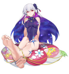 Rule 34 | 1girl, absurdres, ananke 7, barefoot, cushion, fate/grand order, fate (series), feet, foot focus, foreshortening, highres, kama (fate), kama (swimsuit avenger) (third ascension) (fate), leotard, long hair, looking at viewer, red eyes, silver hair, simple background, soles, toes, white background