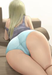 Rule 34 | 1girl, absurdres, ano (gccx8784), ass, ass focus, bare shoulders, blonde hair, blue panties, blurry, blurry background, couch, depth of field, facing away, from behind, grey tank top, gyaru, highres, long hair, lying, no pants, on couch, on stomach, original, paid reward available, panties, shirt, shorts, simple background, solo, strap slip, tank top, thighs, underwear, white background