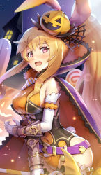 Rule 34 | 1girl, bare hips, blush, bow, bowtie, breasts, cloak, clothing cutout, covered navel, detached sleeves, dragalia lost, elbow gloves, elisanne, food-themed hair ornament, gasp, gloves, gonzarez, hair ornament, hair ribbon, halloween, halloween costume, highres, leotard, long hair, looking at viewer, medium breasts, navel, navel cutout, official alternate costume, playboy bunny, ponytail, pumpkin hair ornament, rabbit tail, ribbon, sideboob, sidelocks, solo, striped bow, striped bowtie, striped clothes, tail, thighs, very long hair, white bow, white bowtie, white gloves, wrist cuffs