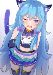 Rule 34 | 1girl, absurdres, ai.mi (omega strikers), ai.mi (omega strikers) (idol ai.mi), animal ears, bell, blue eyes, blue hair, blush, bow, cat ears, cat girl, elbow gloves, gloves, hair ornament, hama (daisekken), highres, jingle bell, long hair, looking at viewer, low-tied sidelocks, neck bell, omega strikers, open mouth, simple background, skirt, solo, striped clothes, striped thighhighs, thighhighs, vertical-striped clothes, vertical-striped thighhighs, white background, zettai ryouiki