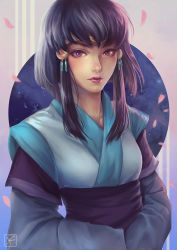 Rule 34 | 1girl, cherry blossoms, hands in opposite sleeves, japanese clothes, looking at viewer, masaki aeka jurai, petals, purple hair, red eyes, short hair with long locks, solo, tenchi muyou!, tiara, washuu