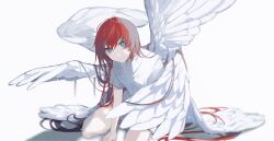 Rule 34 | 1girl, absurdly long hair, absurdres, angel, angel wings, blue eyes, closed mouth, commentary, feathered wings, film grain, hair between eyes, highres, kajiwara 3, light particles, long hair, looking at viewer, original, red hair, seiza, simple background, sitting, smile, solo, very long hair, white background, wings