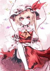 Rule 34 | 1girl, ascot, blonde hair, crystal, dress, flandre scarlet, hat, hat ribbon, mob cap, open mouth, puffy sleeves, red dress, red eyes, ribbon, sash, short sleeves, side ponytail, slit pupils, solo, touhou, uni (bom19850101), wings