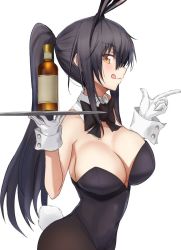 Rule 34 | 1girl, akatsuki ikki, animal ears, black hair, bottle, bow, bowtie, breasts, cleavage, fake animal ears, fake tail, from side, holding, holding plate, leotard, long hair, looking at viewer, original, pantyhose, plate, playboy bunny, ponytail, rabbit ears, rabbit tail, ribbon, simple background, smieska, solo, tail, tongue, tongue out, white background, wine bottle, wrist cuffs, yellow eyes