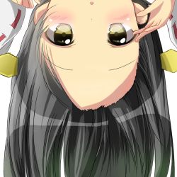 Rule 34 | 10s, 1girl, black hair, blush, forehead, hairline, haruna (kancolle), highres, kantai collection, long hair, looking at viewer, pentagon (railgun ky1206), simple background, solo, upside-down, yellow eyes
