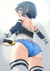 Rule 34 | 1girl, armlet, ass, bare shoulders, blue gloves, blue hair, blue panties, blue shirt, blush, boots, chicken (chickenx), cowboy shot, crotch seam, elbow gloves, frilled shirt, frills, from behind, gloves, hair ornament, hairclip, highres, holding, holding sword, holding weapon, looking at viewer, looking back, magical girl, mahou shoujo madoka magica, mahou shoujo madoka magica (anime), miki sayaka, no pants, open mouth, panties, shirt, short hair, solo, standing, sword, thigh boots, thigh strap, thighhighs, underwear, weapon, white footwear, white gloves