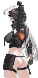 Rule 34 | 1girl, ammunition pouch, armband, ass, assault rifle, black jacket, black mask, blue eyes, bottomless, breasts, combat helmet, cowboy shot, dual wielding, finger on trigger, grey hair, gun, helmet, highres, holding, holding gun, holding weapon, holster, jacket, large breasts, laser sight, load bearing equipment, long hair, looking back, mask, mouth mask, optical sight, original, pasgt helmet, pouch, rifle, russian flag, sawkm, skindentation, solo, standing, tactical clothes, thigh holster, thighs, vertical foregrip, very long hair, visor (armor), visor lift, weapon