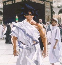 Rule 34 | 1boy, alternate costume, beard, black hair, brown eyes, brown hair, commentary, cowboy shot, crowd, dark skin, dragon ball, english commentary, facial hair, highres, kaaba, looking at another, looking at viewer, male focus, muscular, muscular male, muslim, off shoulder, parted bangs, photo-referenced, robe, serious, skull cap, son goku, spiked hair, standing, venommoe, white headwear, white robe, white sleeves