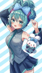 Rule 34 | 1girl, :d, absurdres, aqua eyes, aqua hair, aqua nails, aqua necktie, arm tattoo, arms up, bare shoulders, black skirt, black sleeves, blue bow, blush, blush stickers, bow, breast pocket, breasts, cinnamiku, cinnamoroll, collared shirt, commentary request, detached sleeves, diagonal stripes, ear bow, eyelashes, fingernails, grey shirt, hair between eyes, hair bow, hair ornament, hatsune miku, highres, long hair, long sleeves, looking at viewer, medium breasts, nail polish, necktie, number tattoo, open mouth, pleated skirt, pocket, rabbit, sanrio, shinzousan, shirt, sidelocks, skirt, sleeveless, sleeveless shirt, smile, standing, striped, striped background, tattoo, tie clip, tied ears, two-tone background, updo, vocaloid, wing collar