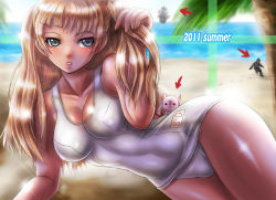 Rule 34 | 10s, 1girl, arrow (symbol), beach, bigfoot, blonde hair, boken fantasy, cameo, claymore (series), collarbone, day, dietrich, grey eyes, kyubey, long hair, mahou shoujo madoka magica, mahou shoujo madoka magica (anime), one-piece swimsuit, outdoors, palm tree, school swimsuit, swimsuit, tree, twintails, water, white one-piece swimsuit, white school swimsuit