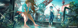 Rule 34 | 2girls, absurdres, against railing, alternate costume, ayanami rei, barefoot, black headwear, blue eyes, blue hair, blue overalls, building, closed mouth, crane (machine), day, hat, hayateluc, head rest, highres, long hair, multiple girls, neon genesis evangelion, orange hair, outdoors, overalls, overgrown, plant, puddle, railing, red eyes, red shorts, rooftop, scenery, shirt, short hair, shorts, sitting, soaking feet, souryuu asuka langley, water