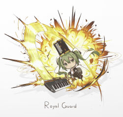 1girl black_bow black_skirt bow chibi closed_mouth collared_shirt drum explosion green_eyes green_hair grey_background hair_between_eyes hatsune_miku highres holding holding_instrument instrument kieed long_hair long_sleeves shirt skirt sleeves_past_wrists solo twintails v-shaped_eyebrows very_long_hair vocaloid white_shirt