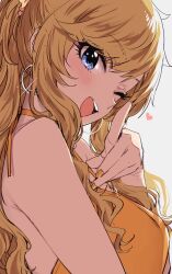 Rule 34 | 1girl, ;d, blonde hair, blue eyes, commentary request, earrings, fingernails, goshiki suzu, grey background, heart, highres, hoop earrings, idolmaster, jewelry, long hair, looking at viewer, nail polish, ohtsuki yui, one eye closed, open mouth, orange nails, simple background, smile, solo, teeth, upper body, upper teeth only