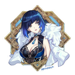 Rule 34 | 1girl, blue hair, blunt bangs, bob cut, breasts, cleavage, commentary, fur-trimmed jacket, fur trim, genshin impact, green eyes, jacket, jacket on shoulders, large breasts, looking to the side, meziosaur, purple lips, short hair, sleeveless, solo, upper body, white background, white jacket, yelan (genshin impact)
