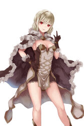 Rule 34 | 1girl, absurdres, blonde hair, breasts, brown cape, brown dress, brown gloves, cape, cleavage, double bun, dress, fur-trimmed cape, fur-trimmed gloves, fur trim, gloves, gold trim, hair between eyes, hair bun, hand on own hip, hand up, high wizard (ragnarok online), highres, kathryne keyron, legs apart, looking at viewer, medium breasts, open mouth, ragnarok online, red eyes, sail (sail-away), short dress, short hair, simple background, smile, solo, standing, strapless, strapless dress, teeth, two-tone dress, upper teeth only, white background, white dress
