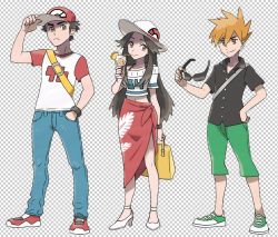 Rule 34 | 1girl, 2boys, :&lt;, adjusting clothes, adjusting headwear, aged up, alternate universe, arms behind back, backpack, bad id, bad twitter id, bag, bare shoulders, baseball cap, black bra, blue oak, blue oak (pokemon sm), bra, bracelet, brown eyes, brown hair, buttons, capri pants, chocogrotto, closed mouth, clothes writing, collarbone, creatures (company), crop top, denim, drinking, food, fruit, full body, game freak, glasses, green (pokemon), green pants, hand in pocket, hand on own hip, handbag, hat, high heels, holding, holding removed eyewear, jeans, jewelry, lemon, lemon slice, long hair, looking at viewer, looking to the side, multiple boys, navel, nintendo, off shoulder, official style, open collar, orange eyes, orange hair, pants, parody, pokemon, pokemon sm, raglan sleeves, red (pokemon), red (pokemon sm), sarong, serious, shirt, shoes, short hair, smile, sneakers, spiked hair, strap, style parody, sugimori ken, sun hat, sunglasses, t-shirt, transparent background, underwear, unworn eyewear, v-neck, white hat