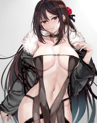 Rule 34 | 1girl, areola slip, black dress, blood, blood from mouth, blood on face, blush, breasts, brown hair, center opening, choker, commentary request, cowboy shot, dress, earrings, fate/grand order, fate (series), flower, fur-trimmed jacket, fur collar, fur trim, grey background, hair flower, hair ornament, jacket, jewelry, large breasts, long hair, looking at viewer, misaka 12003-gou, navel, nipples, open clothes, open jacket, red eyes, revealing clothes, see-through, sidelocks, simple background, smile, solo, standing, strapless, strapless dress, sweat, yu mei-ren (fate)