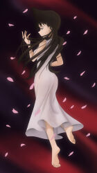 Rule 34 | 1girl, absurdres, ass, barefoot, blue eyes, brown hair, closed mouth, feet, female focus, from behind, full body, highres, holding, holding hair, long hair, meitantei conan, mouri ran, petals, soles, solo, storm92, toes, very long hair