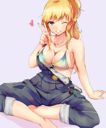 Rule 34 | 10s, 1girl, arm support, badge, bare shoulders, barefoot, bikini, bikini top only, bikini under clothes, blonde hair, blue eyes, breasts, button badge, cleavage, commentary request, grey background, grin, heart, highres, idolmaster, idolmaster cinderella girls, indian style, jewelry, medium breasts, nail polish, necklace, off shoulder, ohtsuki yui, one eye closed, overalls, pants, pants rolled up, pink nails, ponytail, ryuu., sidelocks, simple background, sitting, skindentation, smile, smiley face, solo, striped bikini, striped bikini top, striped clothes, swimsuit, v, wavy hair, zipper