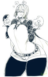 Rule 34 | 1girl, :q, alternate breast size, alternate costume, alternate form, alternate hair length, alternate hairstyle, antennae, belt, breasts, brooch, cape, closed eyes, collared shirt, doughnut, food, greyscale, highres, jewelry, large breasts, monochrome, pantyhose, shirt, short hair, shorts, simple background, smile, solo, spacezin, tall, tall female, thick thighs, thighs, tongue, tongue out, touhou, white background, white shirt, wide hips, wriggle nightbug