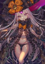 Rule 34 | 1girl, abigail williams (fate), abigail williams (third ascension) (fate), bare arms, black bow, black hat, black panties, blue eyes, bow, breasts, commentary request, fate/grand order, fate (series), flower, glowing, glowing eyes, hair flower, hair ornament, hat, highres, jigenn, long hair, looking at viewer, medium breasts, navel, orange bow, panties, parted bangs, polka dot, polka dot bow, purple eyes, solo, tentacles, underwear, very long hair, white hair, witch hat